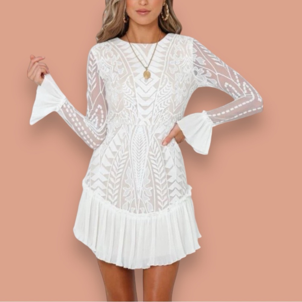 Hello Molly White Long Sleeve Lace Mini Dress